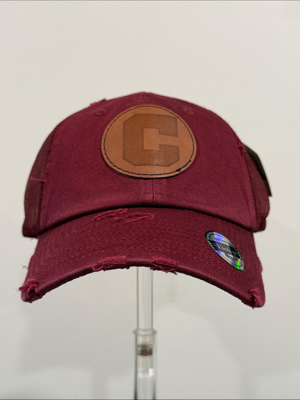 NWT KBETHOS Vintage Maroon Distressed Mesh Trucker Cap with Leather 'C' Patch